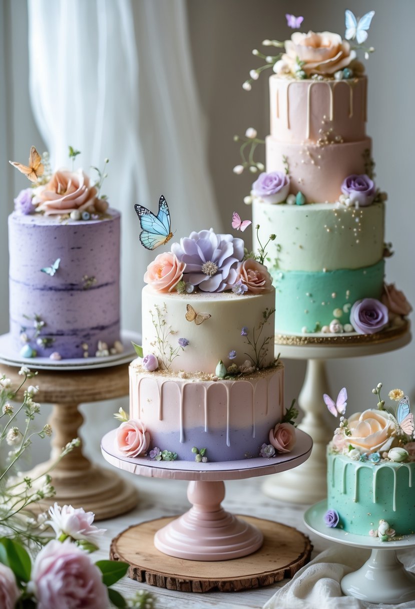 A close-up view of several beautifully decorated cakes with pastel-colored frosting and delicate floral and butterfly details arranged on a wooden table.