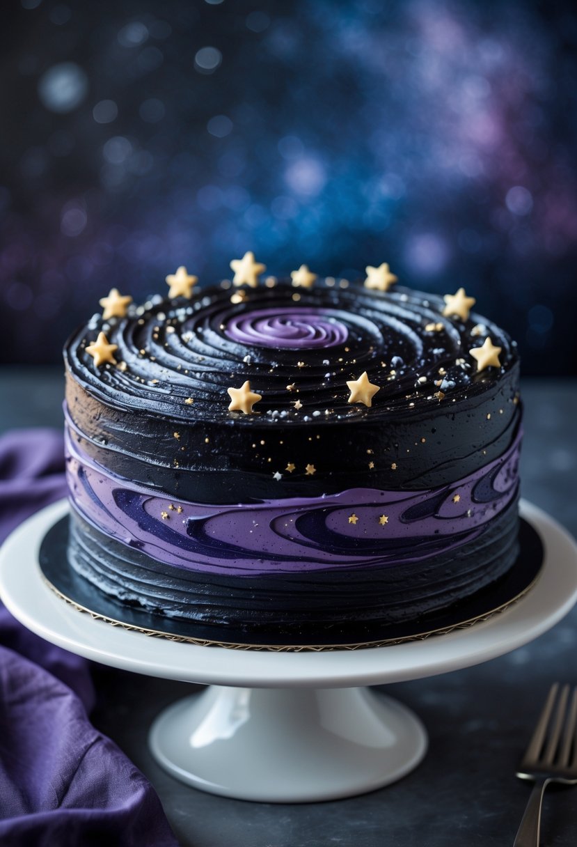 A black hole swirl cake with dark swirling patterns and star-like decorations on a white cake stand against a dark cosmic background.