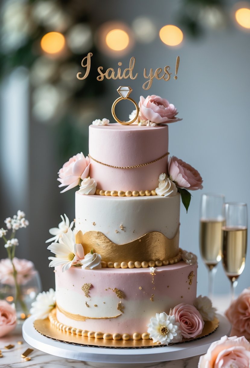 A multi-tiered pastel bridal shower cake decorated with an edible engagement ring topper, surrounded by flowers and champagne glasses on a table.