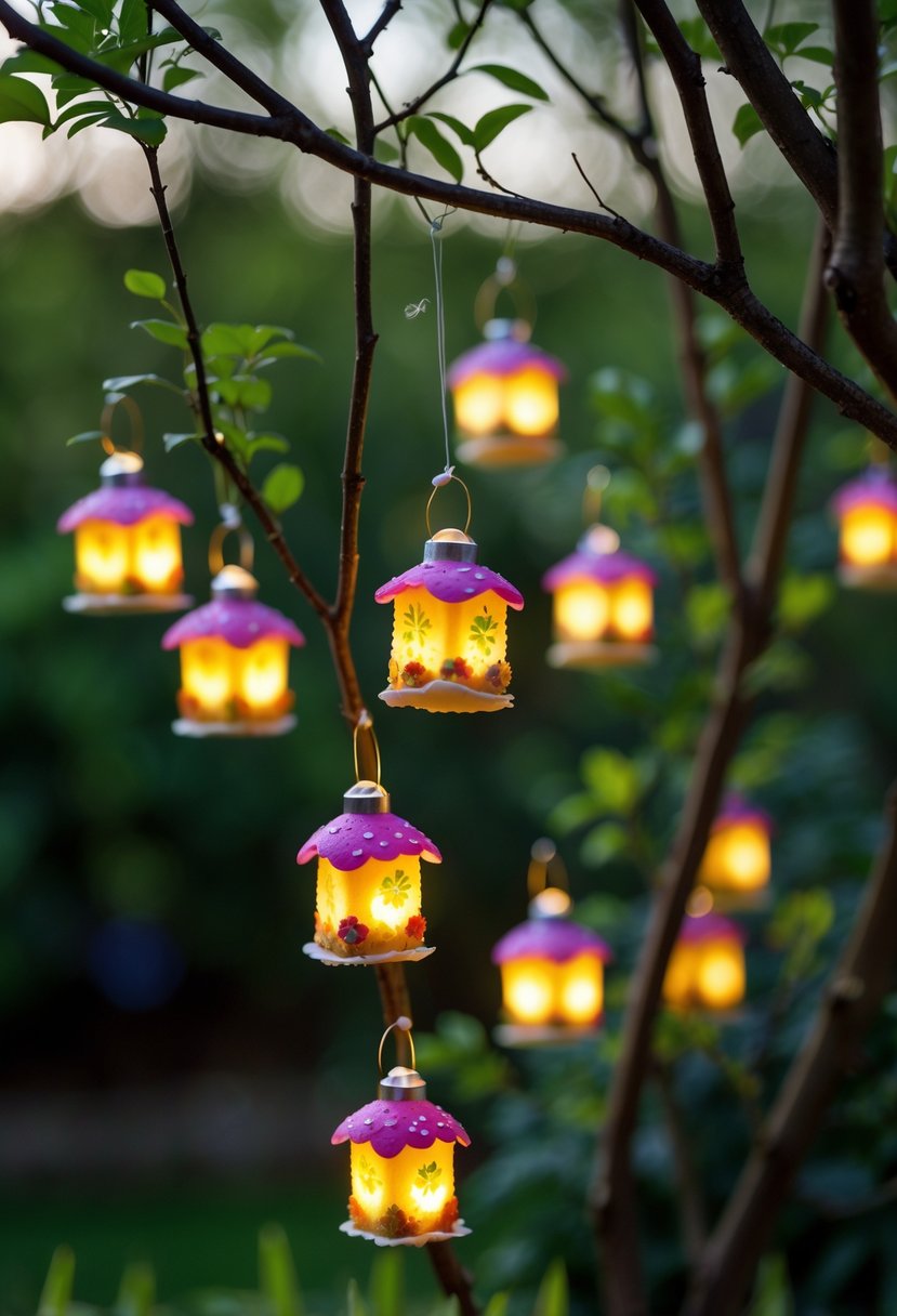 Miniature edible lanterns shaped like fairy cakes hanging from tree branches in a garden.