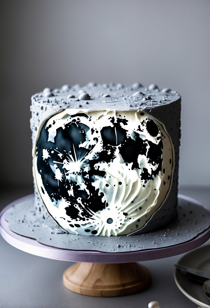 A detailed cake designed to look like the surface of the moon with craters and textured gray tones on a plain background.