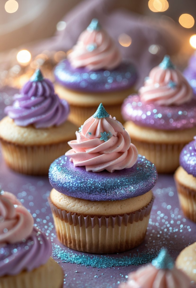 Close-up of decorated fairy cakes with pastel frosting and sparkling sugar dust creating a shimmering effect.