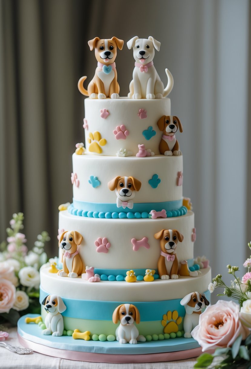 A multi-tiered bridal shower cake decorated with playful pet figurines and paw prints on a table with pastel linens and flowers.