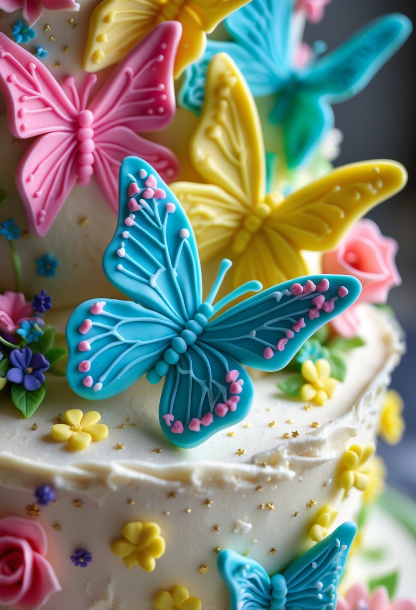 Close-up of colorful butterfly-shaped fondant decorations on a decorated cake.