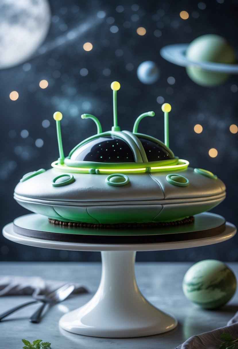 A detailed alien spaceship cake shaped like a UFO with silver and green frosting on a white stand against a blurred space-themed background.