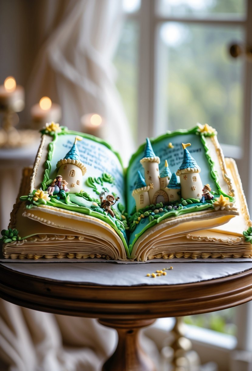 A cake designed to look like an open fairy tale book with colorful illustrations and detailed decorations.