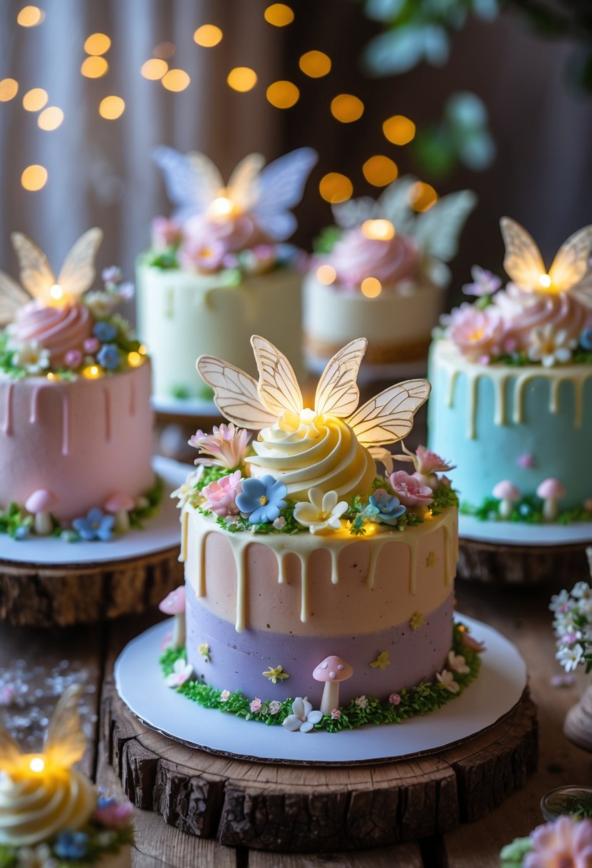 A close-up of several decorated fairy cakes with soft glowing lights on a wooden table.