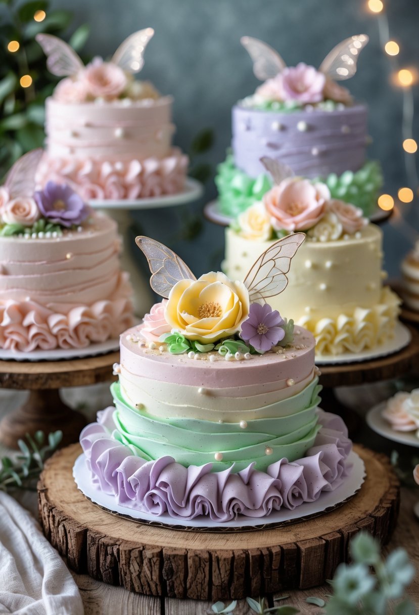 Close-up of several pastel-colored fairy-themed cakes with ruffled buttercream frosting resembling flowing skirts, decorated with edible flowers and pearls on a wooden table.