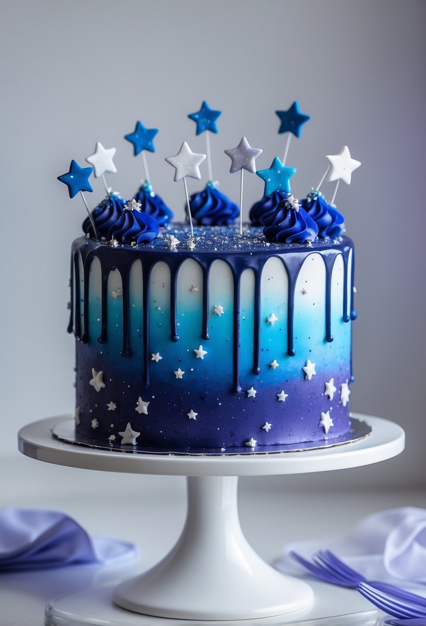 A dark blue cake decorated with silver stars and colorful drip icing, resembling a meteor shower.