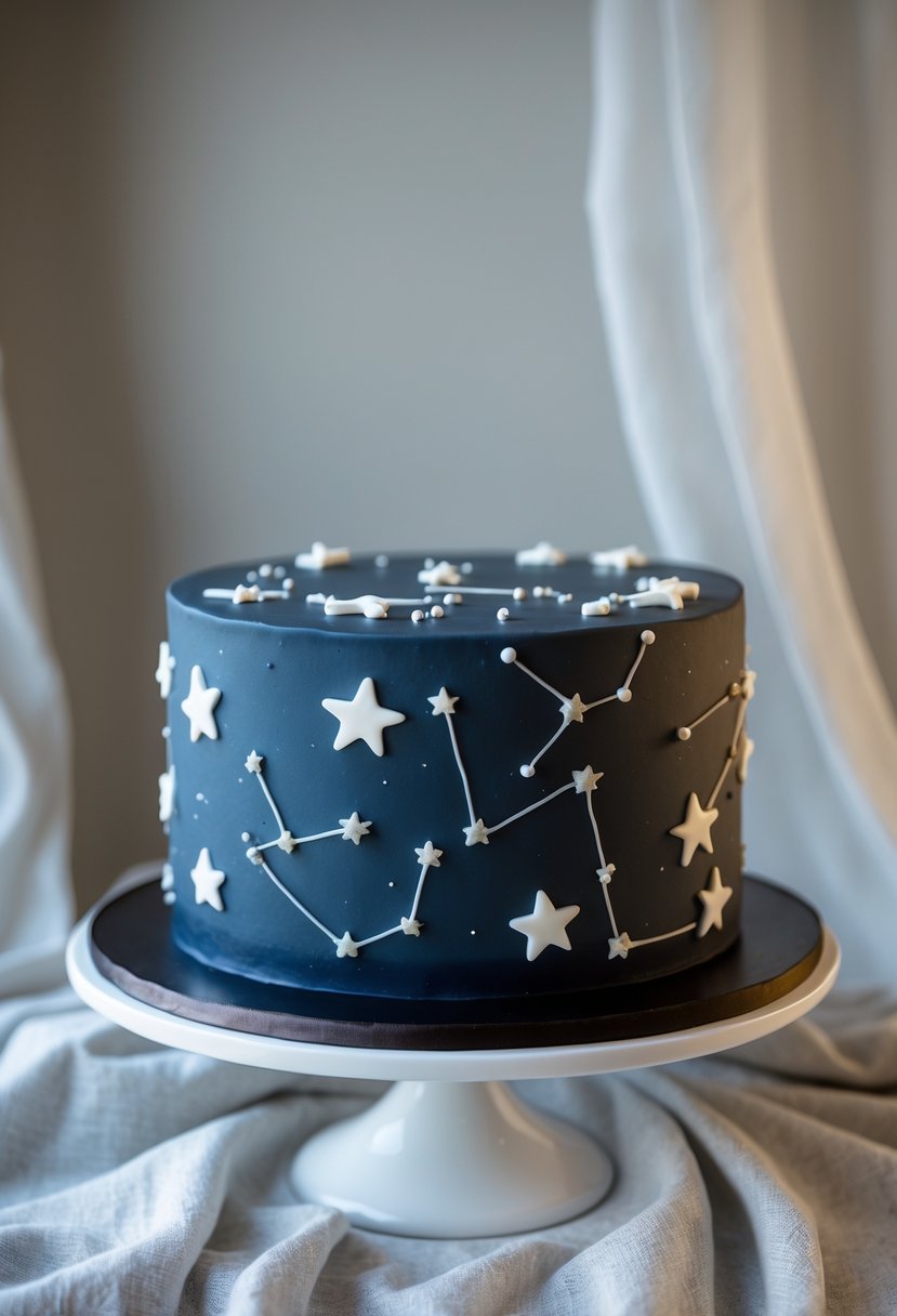 A cake decorated with white star patterns forming constellations on a dark background, displayed on a white cake stand.