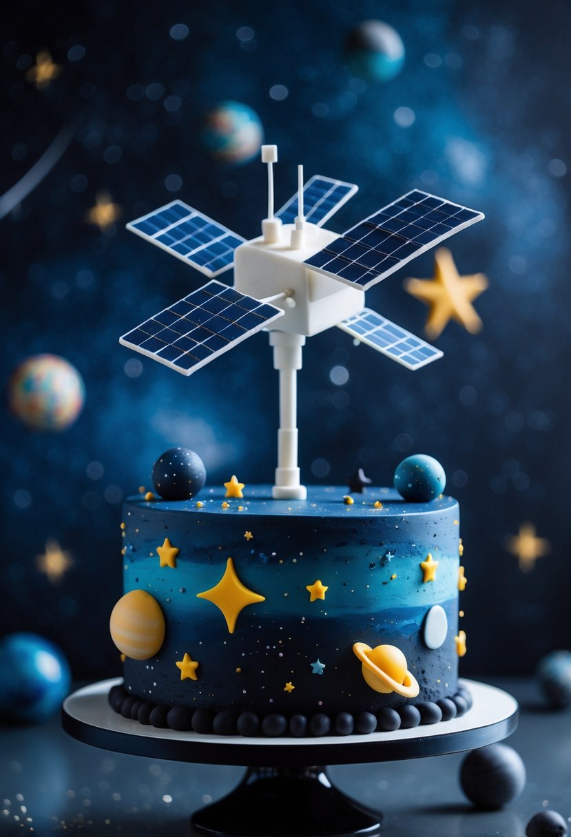 A detailed satellite cake topper on a space-themed cake decorated with stars and planets.