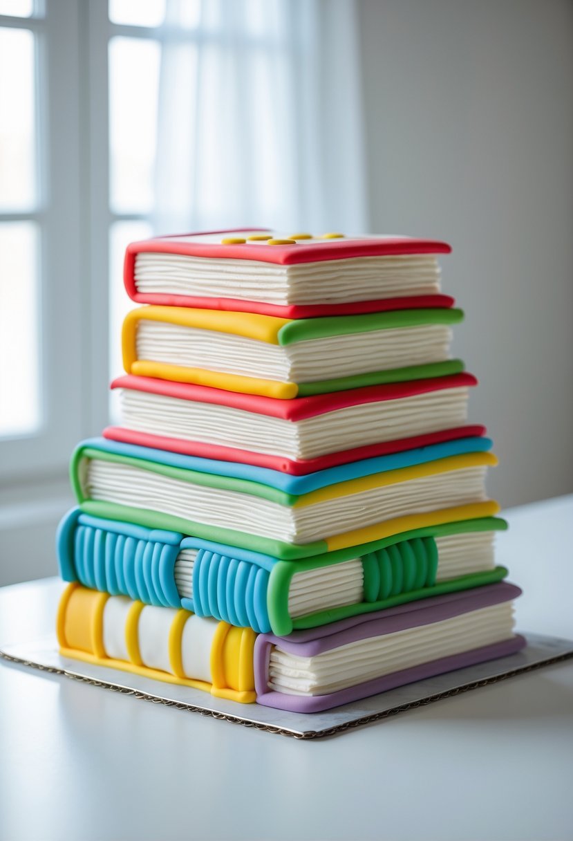 A collection of birthday cakes stacked to look like colorful books with detailed covers and pages.