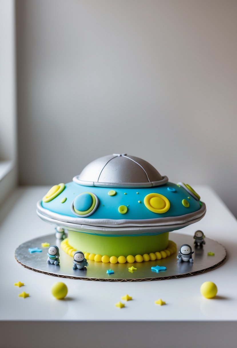 A colorful UFO-shaped cake decorated with space-themed edible elements on a white surface.