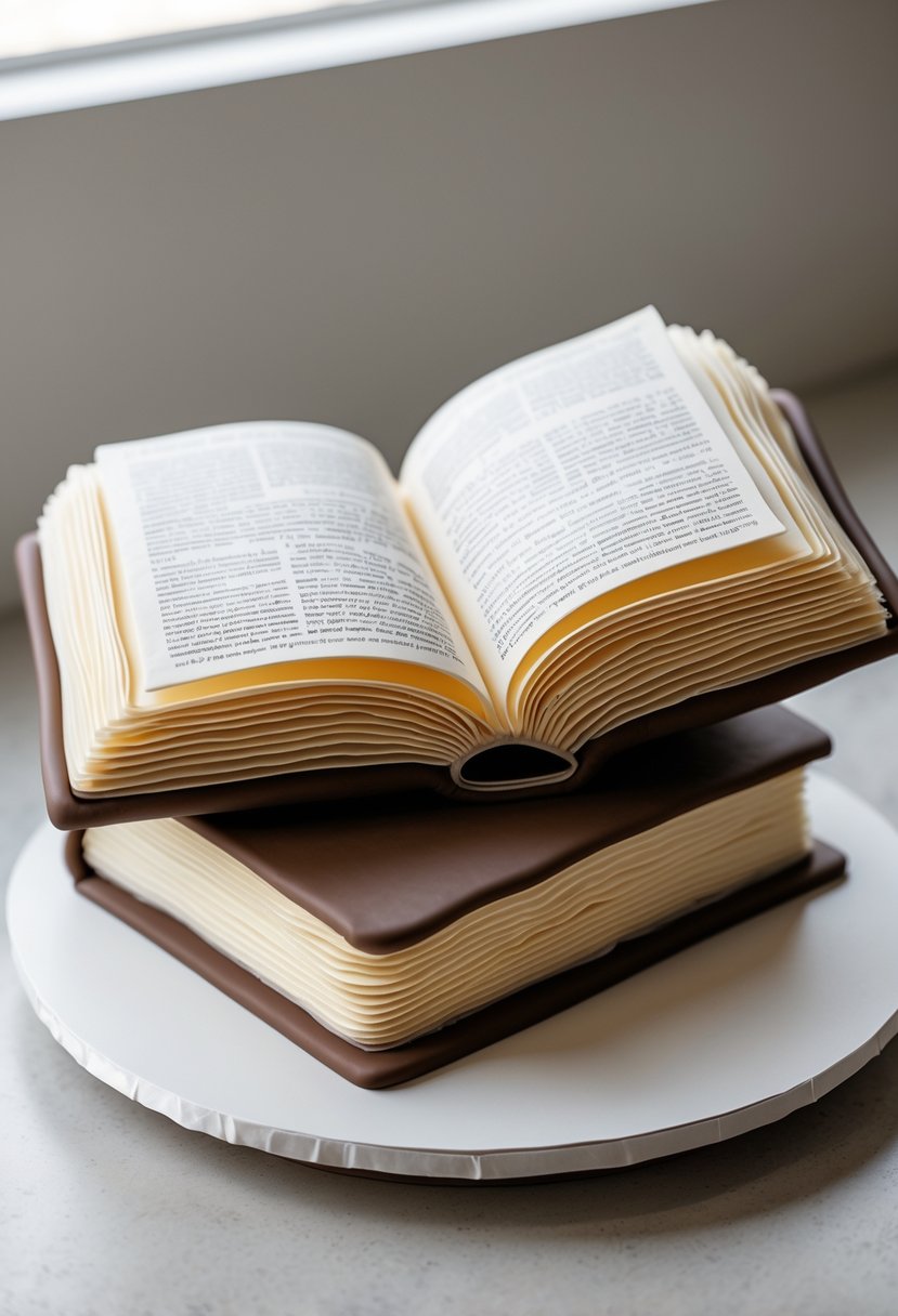 An open book-shaped birthday cake with detailed edible pages on a neutral surface.