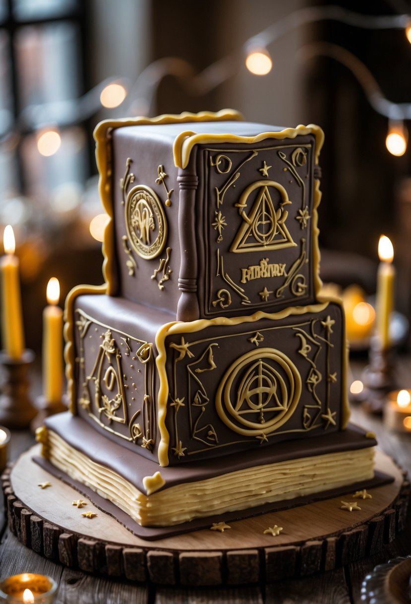 A birthday cake designed to look like an old magical spellbook on a wooden table with candles and fairy lights around it.