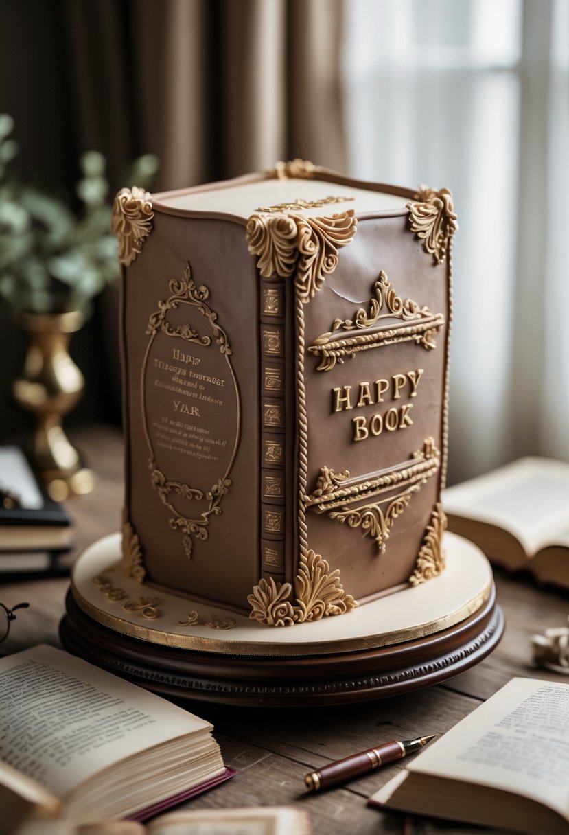 A birthday cake shaped like a leather-bound classic novel on a wooden table with reading glasses and an open book nearby.