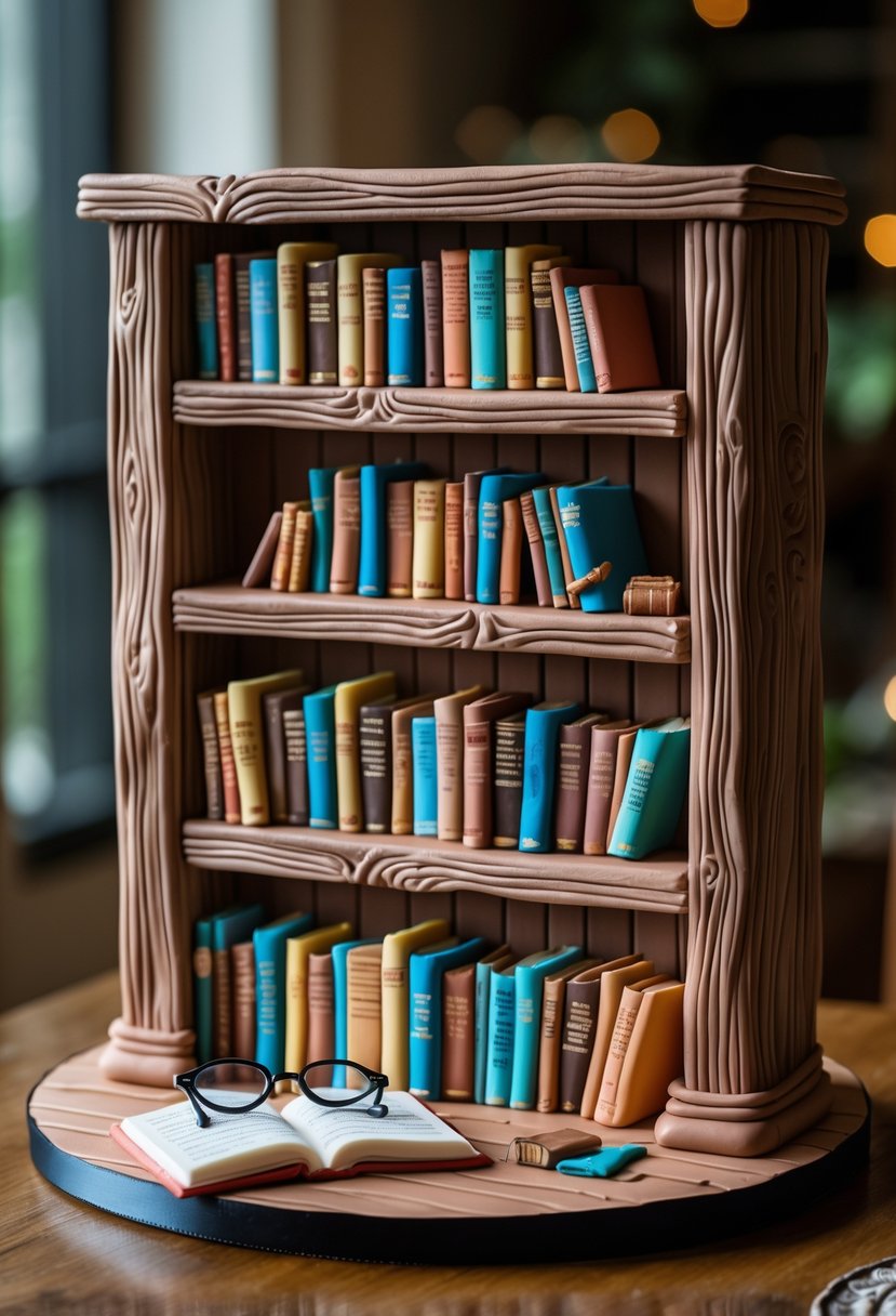 A detailed cake shaped like a bookshelf filled with small edible books and reading accessories.