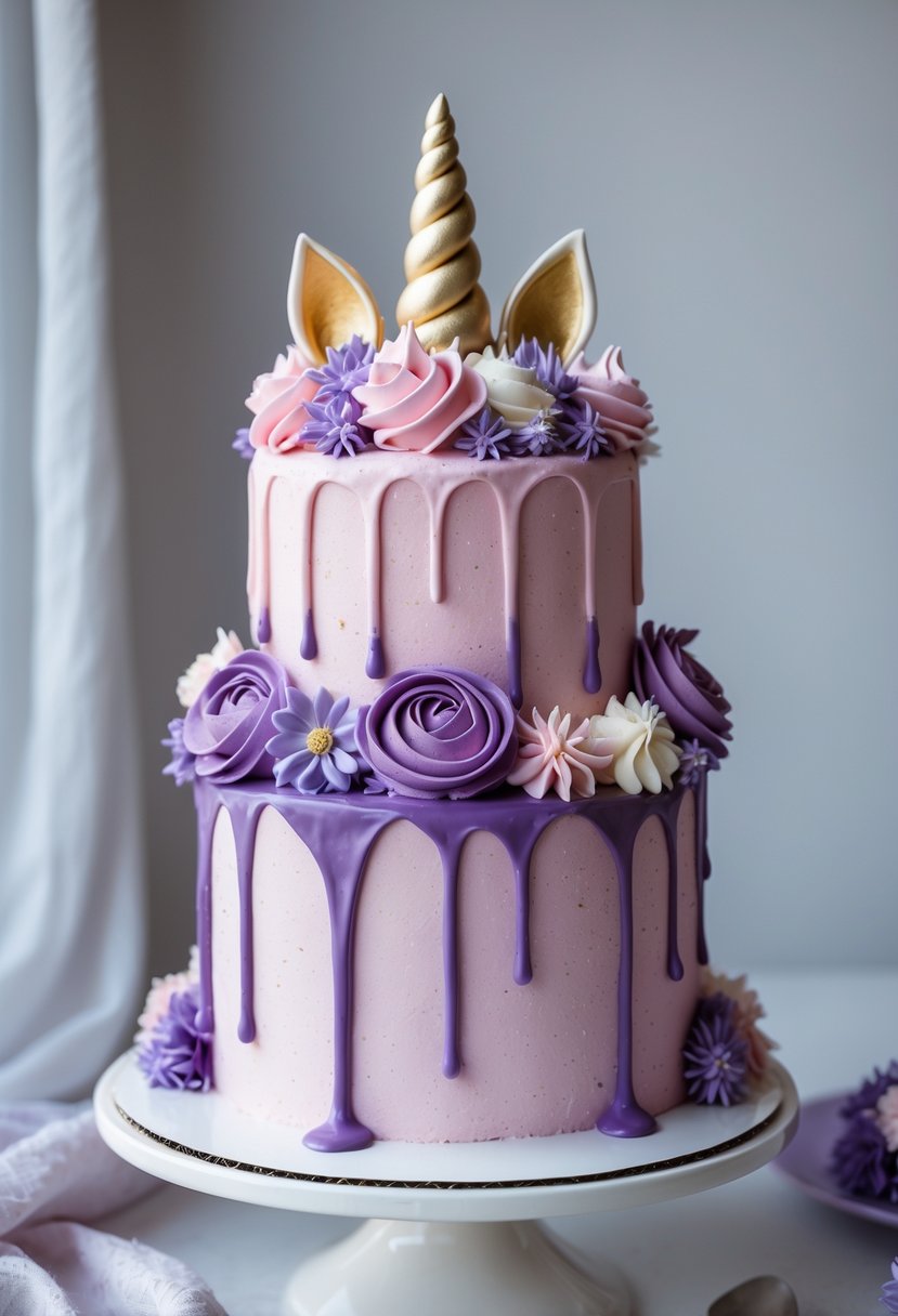 A two-tier pink buttercream unicorn cake with purple ganache drip decorated with a unicorn horn and colorful buttercream flowers on a white cake stand.