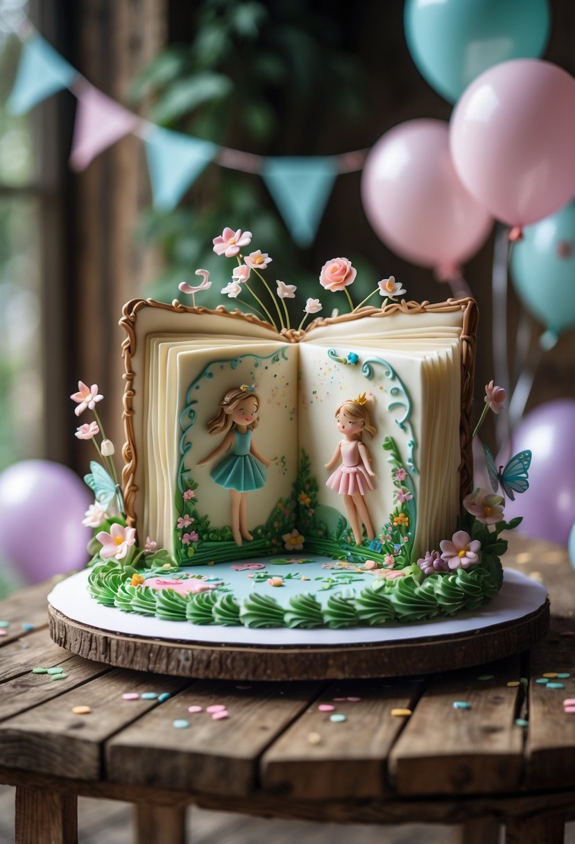 A birthday cake shaped like an open storybook decorated with fairy tale characters and flowers on a wooden table with soft lighting.