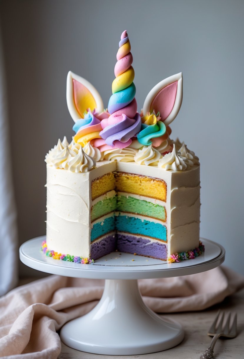 A multi-layered rainbow cake decorated with pastel buttercream frosting and a unicorn horn on top.