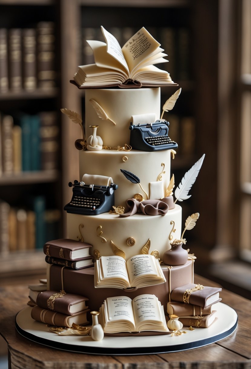 A multi-tiered birthday cake decorated with edible book and writing-themed designs on a wooden table in a cozy library setting.