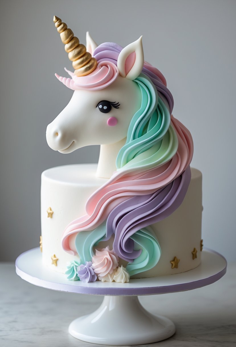A fondant unicorn cake with a pastel-colored mane and an edible gold horn on a white cake stand.