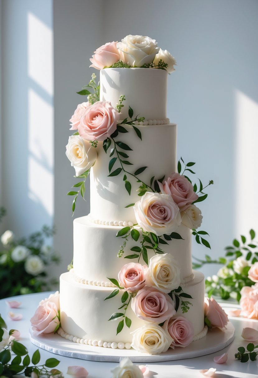 A multi-tiered white cake decorated with cascading fresh roses in pink, white, and cream on a table with scattered petals.