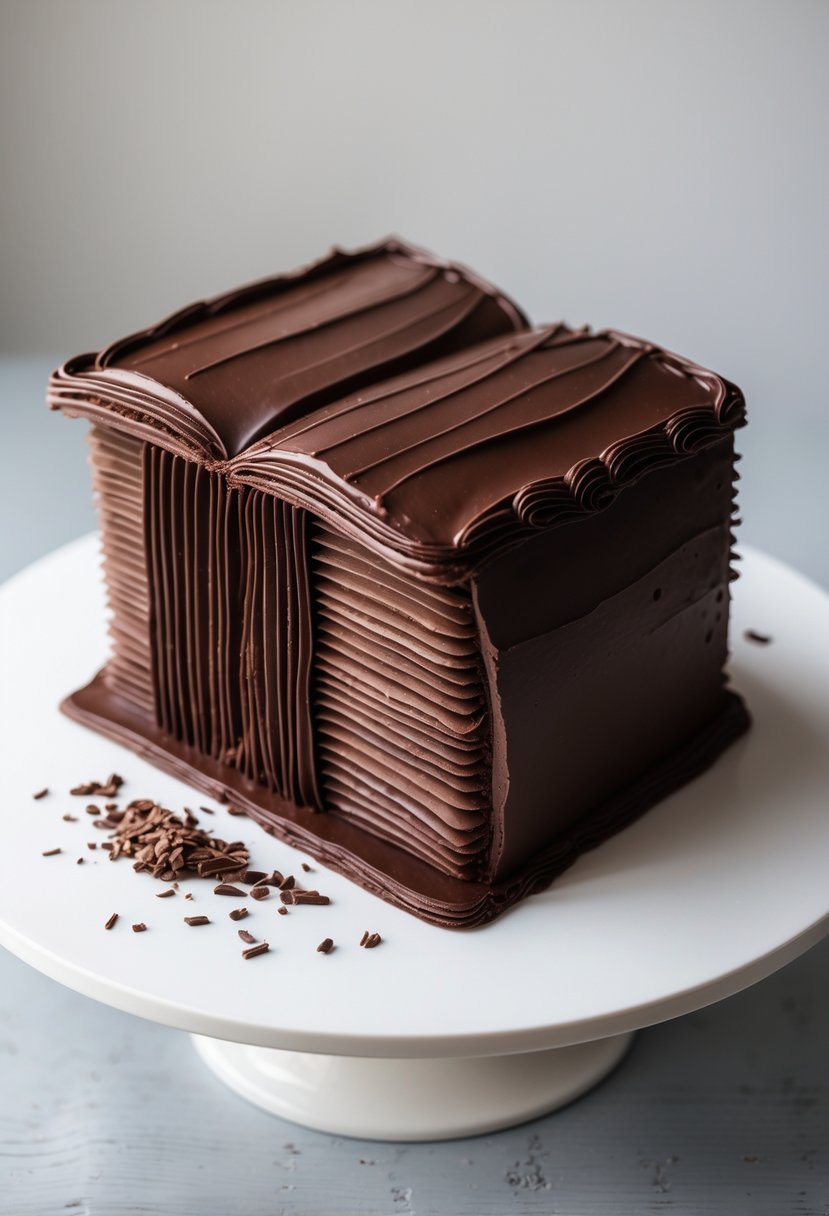 A chocolate cake shaped like an open book covered with smooth dark chocolate frosting on a white plate.