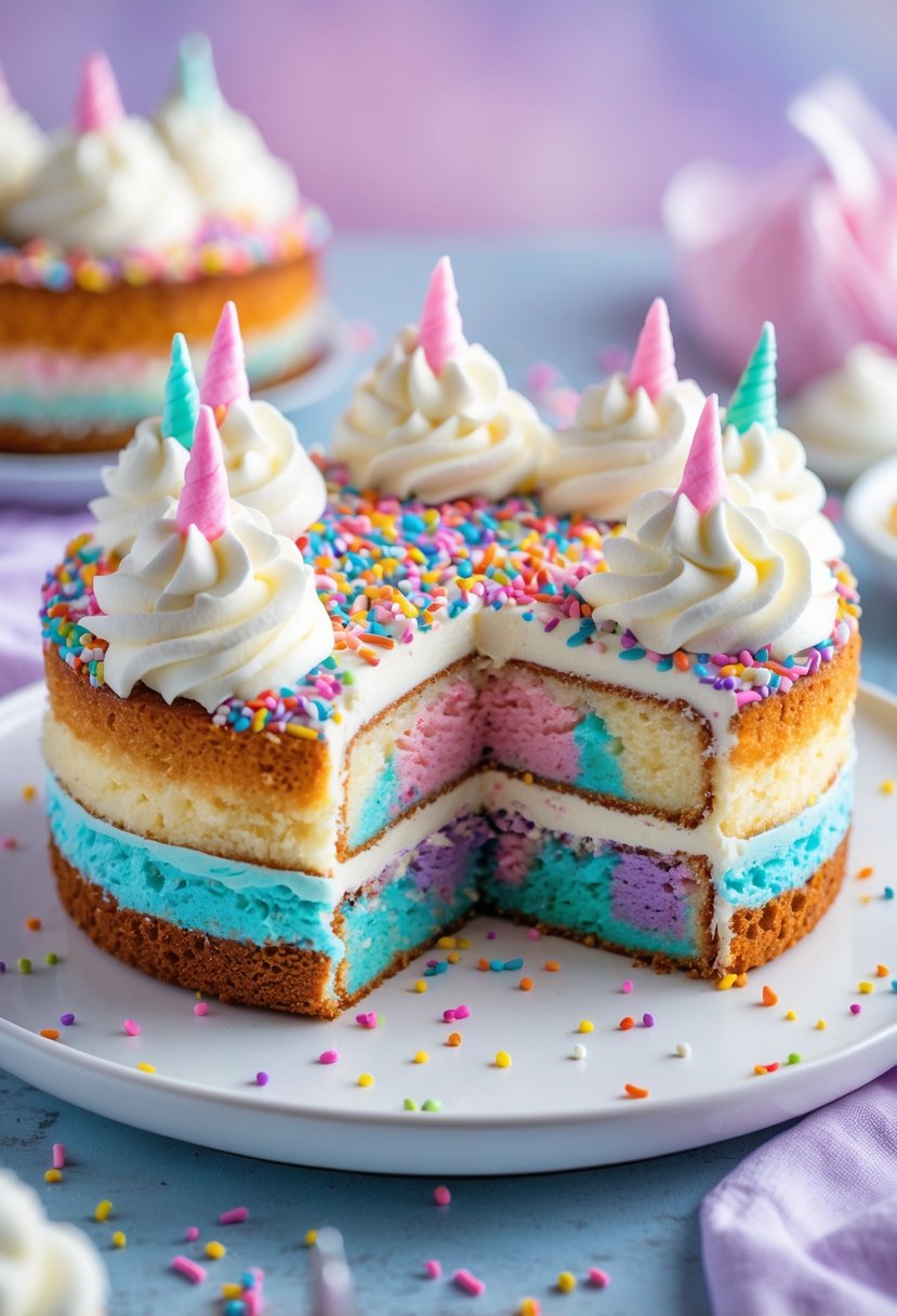 A unicorn poke cake topped with colorful sprinkles and whipped cream on a white plate.