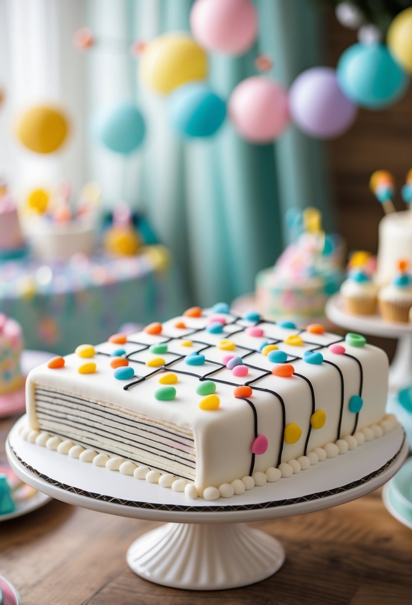 A birthday cake designed to look like a join-the-dots puzzle book on a cake stand with party decorations in the background.