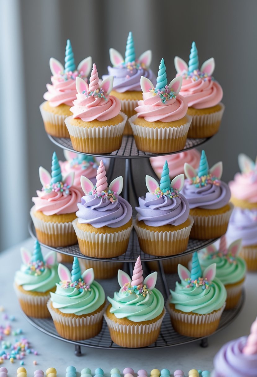 A multi-tiered cupcake tower with cupcakes decorated as mini unicorns featuring pastel-colored frosting and small unicorn horns.