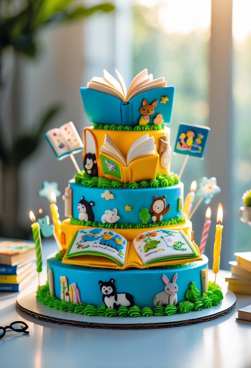 A colorful multi-tiered birthday cake decorated to look like children's picture books with playful illustrations and themed decorations on a bright surface.