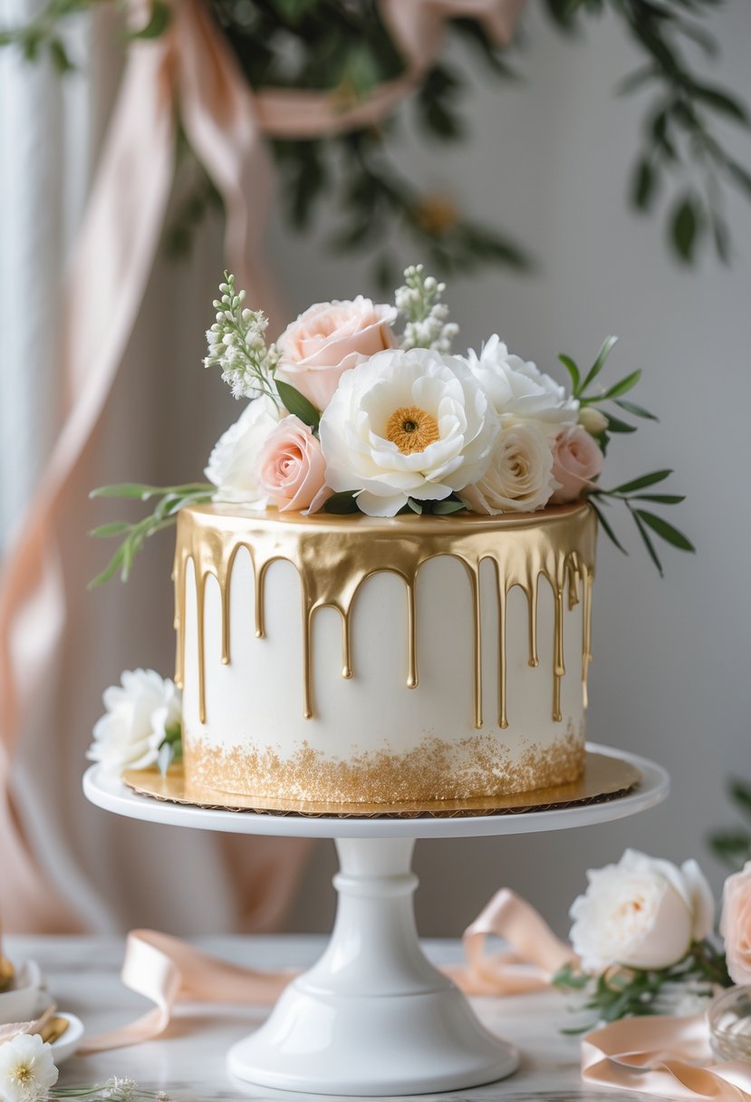 A white cake with shiny gold drip icing and pink and white flowers on top, displayed on a white stand on a decorated table.