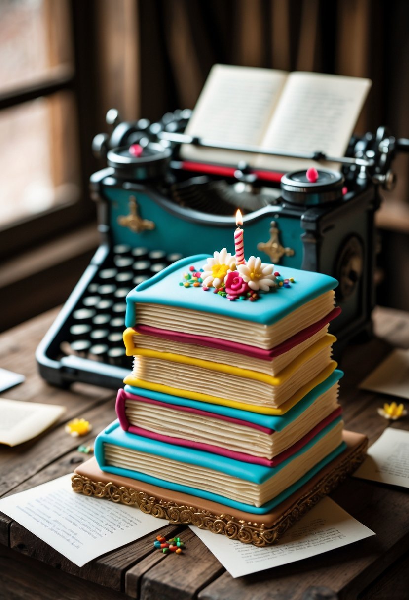 A vintage typewriter next to a birthday cake designed to look like a stack of books on a wooden table.