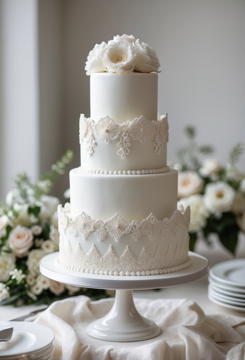 A white tiered wedding cake decorated with lace-like icing patterns on a cake stand with soft floral decorations in the background.