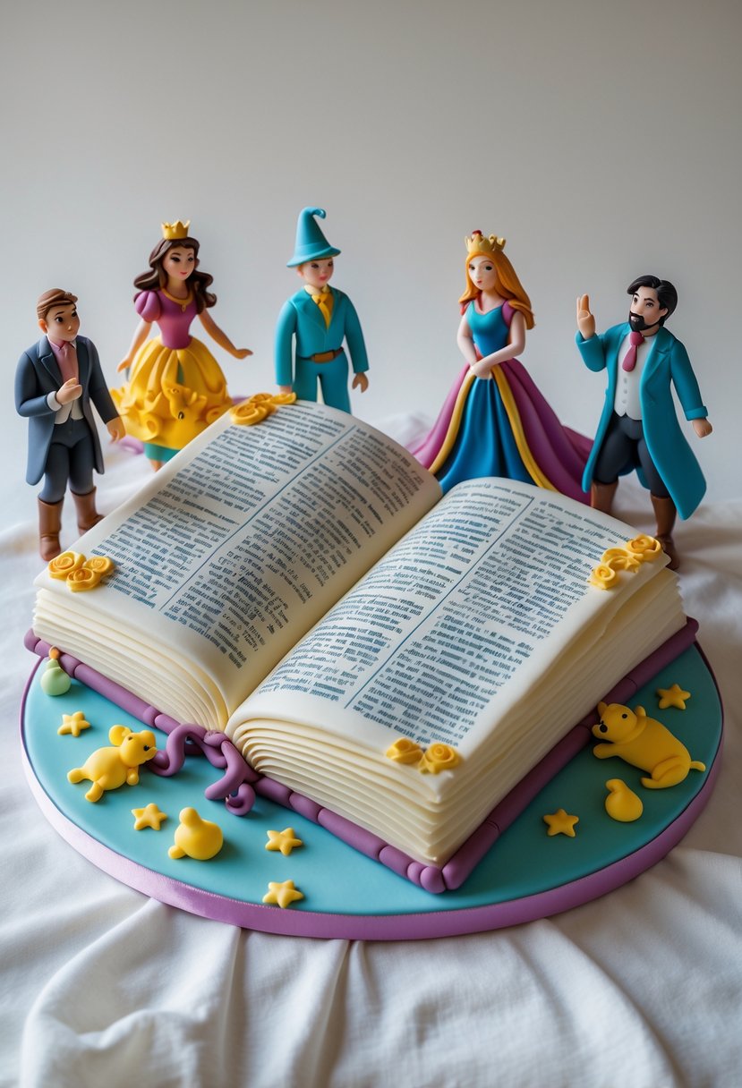 A birthday cake shaped like an open book with colorful 3D edible characters standing on and around it.