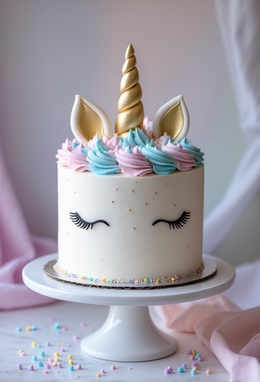 A white unicorn cake with a golden horn and pastel-colored frosting mane on a white cake stand.