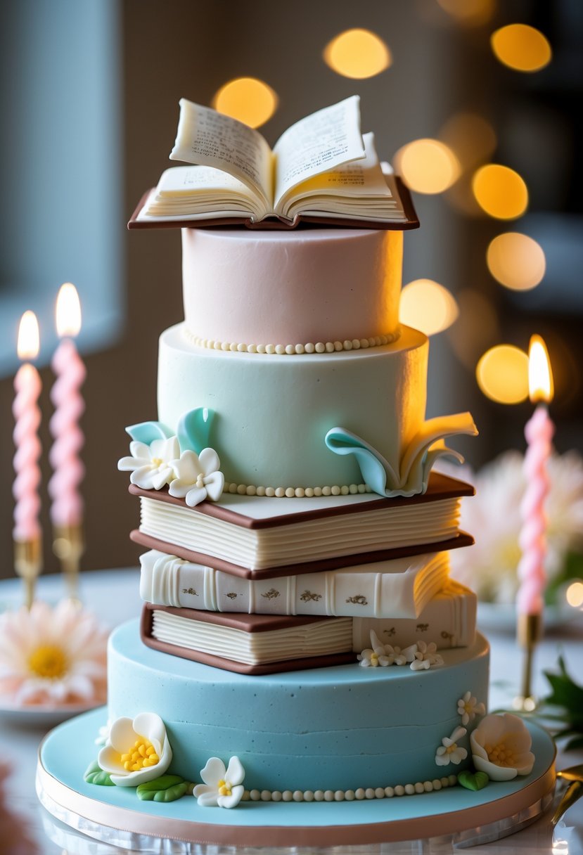 A multi-tiered birthday cake decorated with edible book designs and candles on a table.