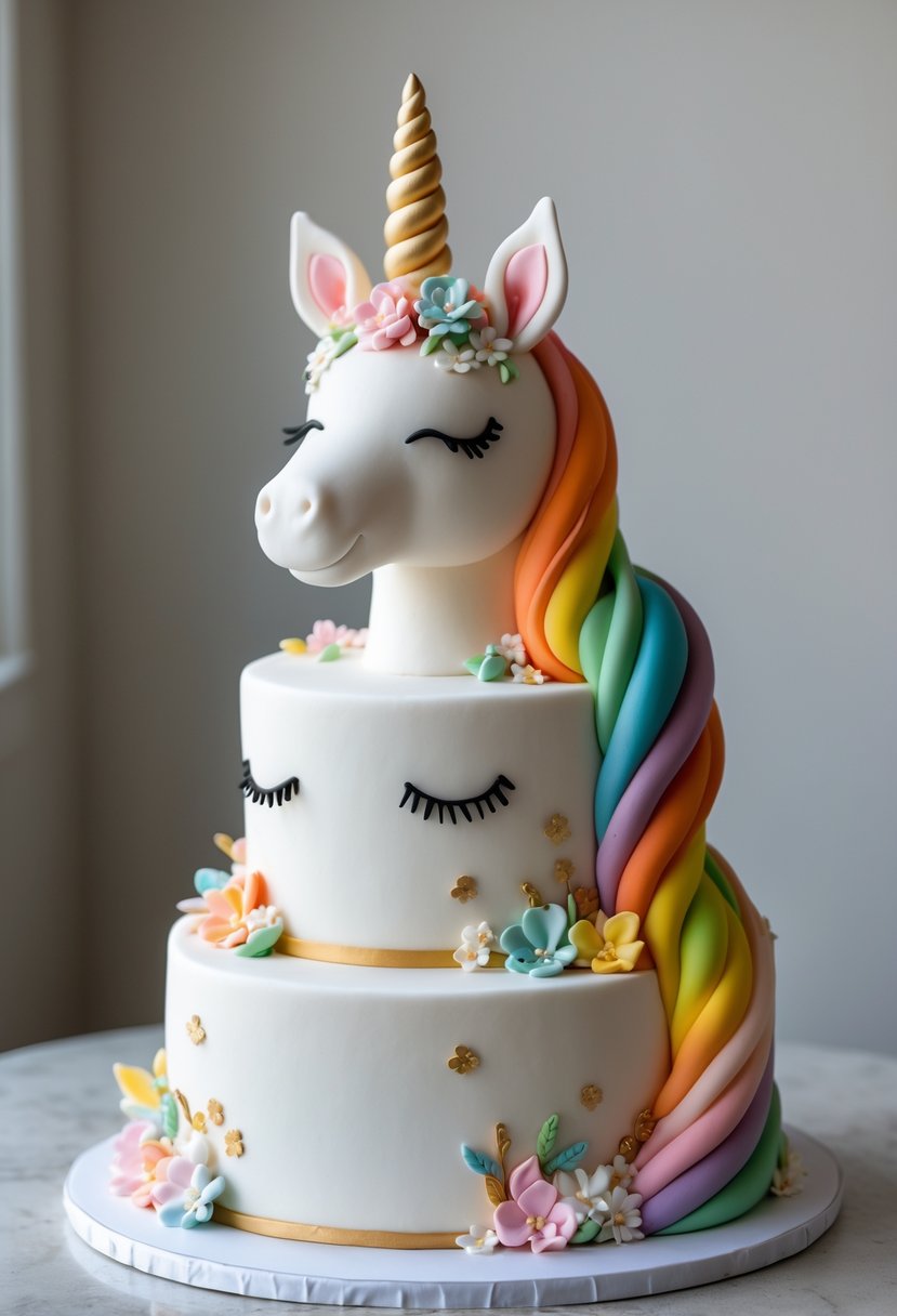 A two-tier white fondant unicorn cake with a golden horn and a colorful rainbow tail on a white cake stand.