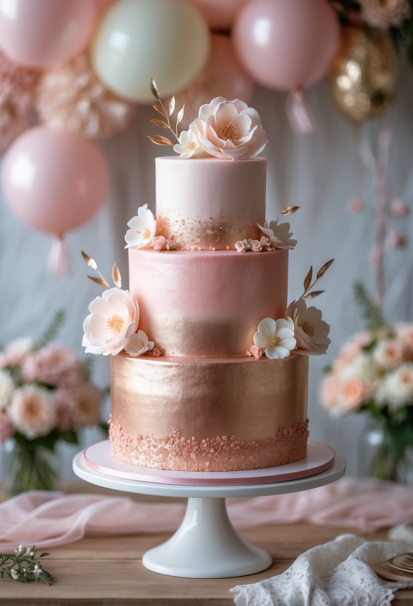 A tiered rose gold ombre cake decorated with edible flowers on a table with bridal shower decorations in the background.