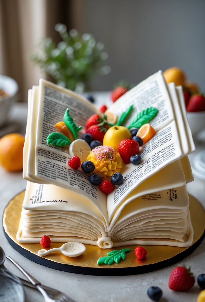 An open book-shaped cake decorated with edible fruits, flowers, and kitchen-themed decorations on a table.