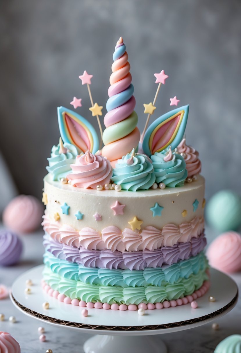 A unicorn-themed cake decorated with pastel-colored swirls and a candy horn on top.