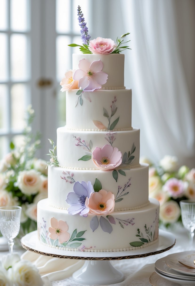 A multi-tiered white cake decorated with colorful floral designs, displayed on a table with bridal shower decorations.