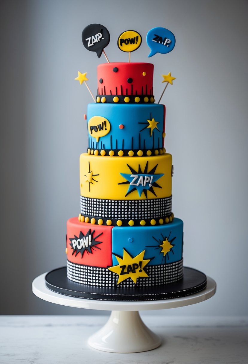 A colorful multi-tiered birthday cake decorated with comic book-themed designs and bright patterns on a white cake stand.