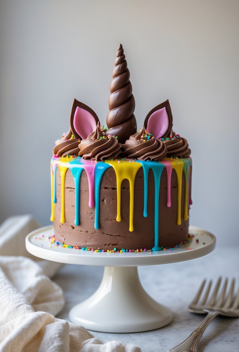 A chocolate unicorn cake with a chocolate horn and rainbow drizzle on a white cake stand.