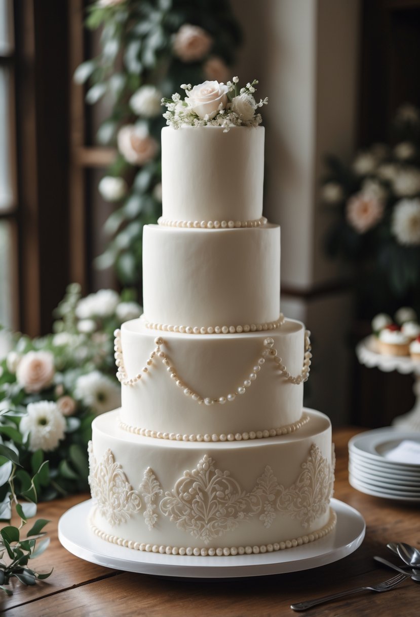 A white multi-tiered cake decorated with pearl beads on a wooden table with flowers in the background.
