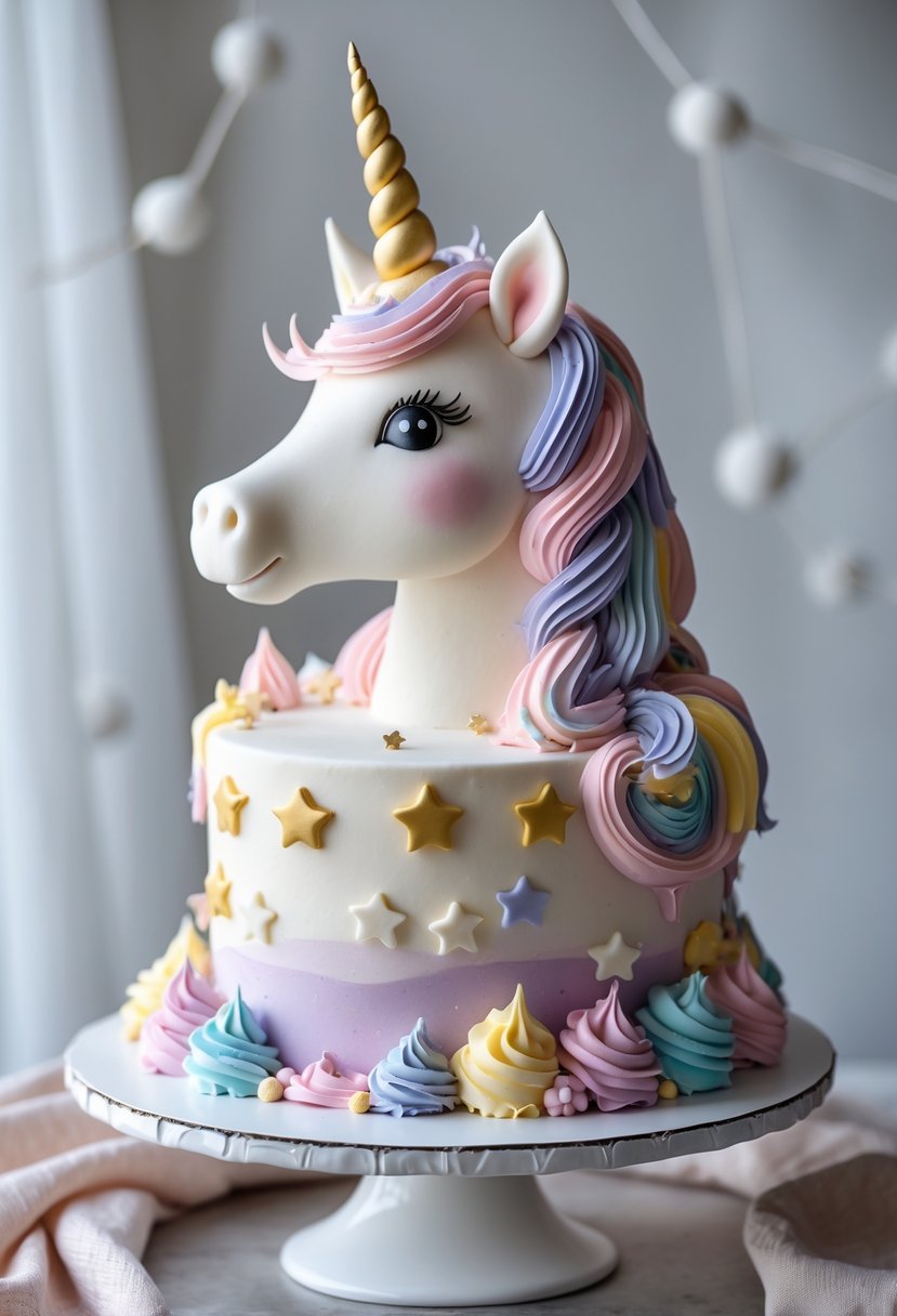 A unicorn cake decorated with fondant stars, clouds, and a colorful icing mane on a white cake stand.