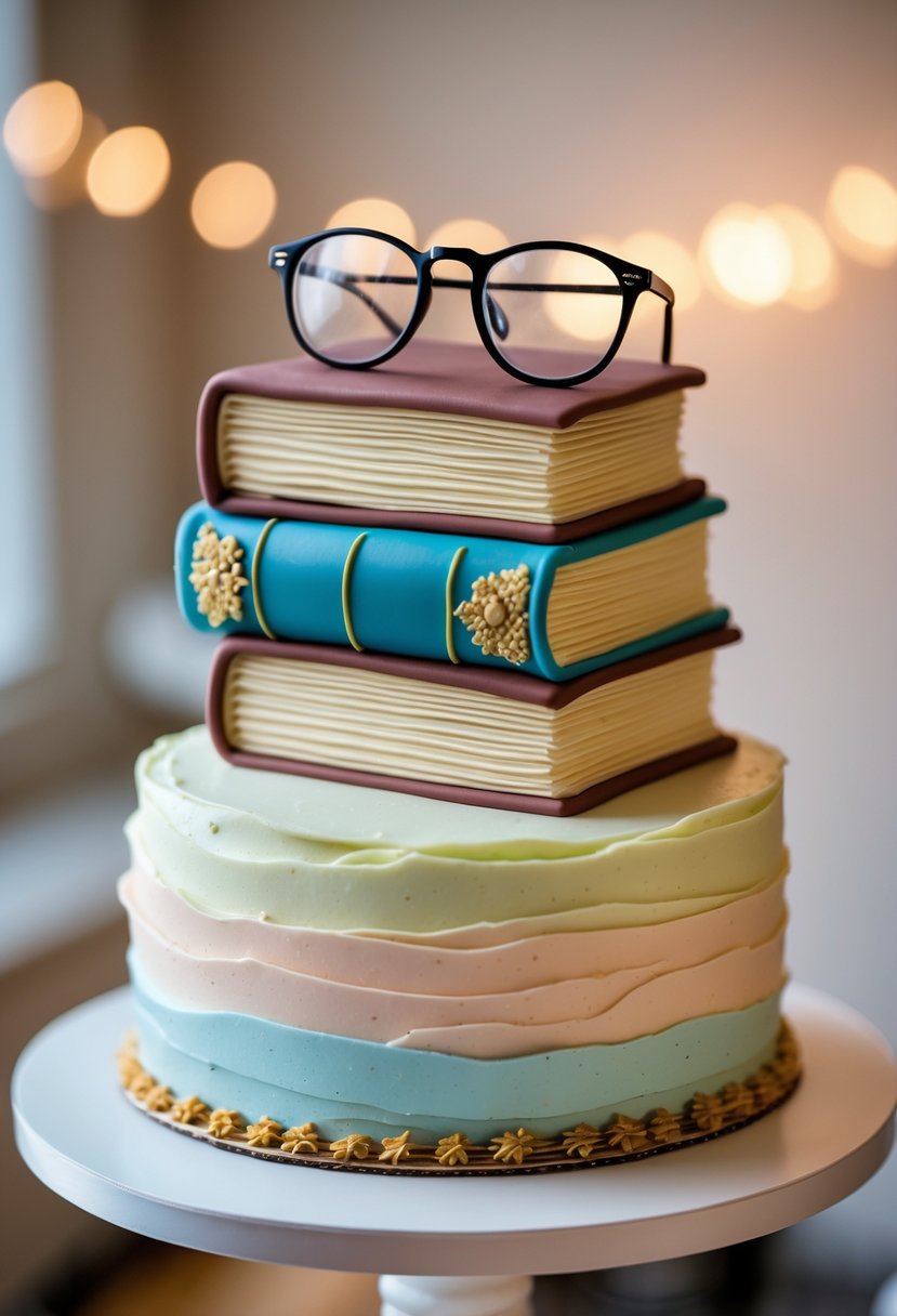 A birthday cake decorated with a topper showing a stack of books and reading glasses.
