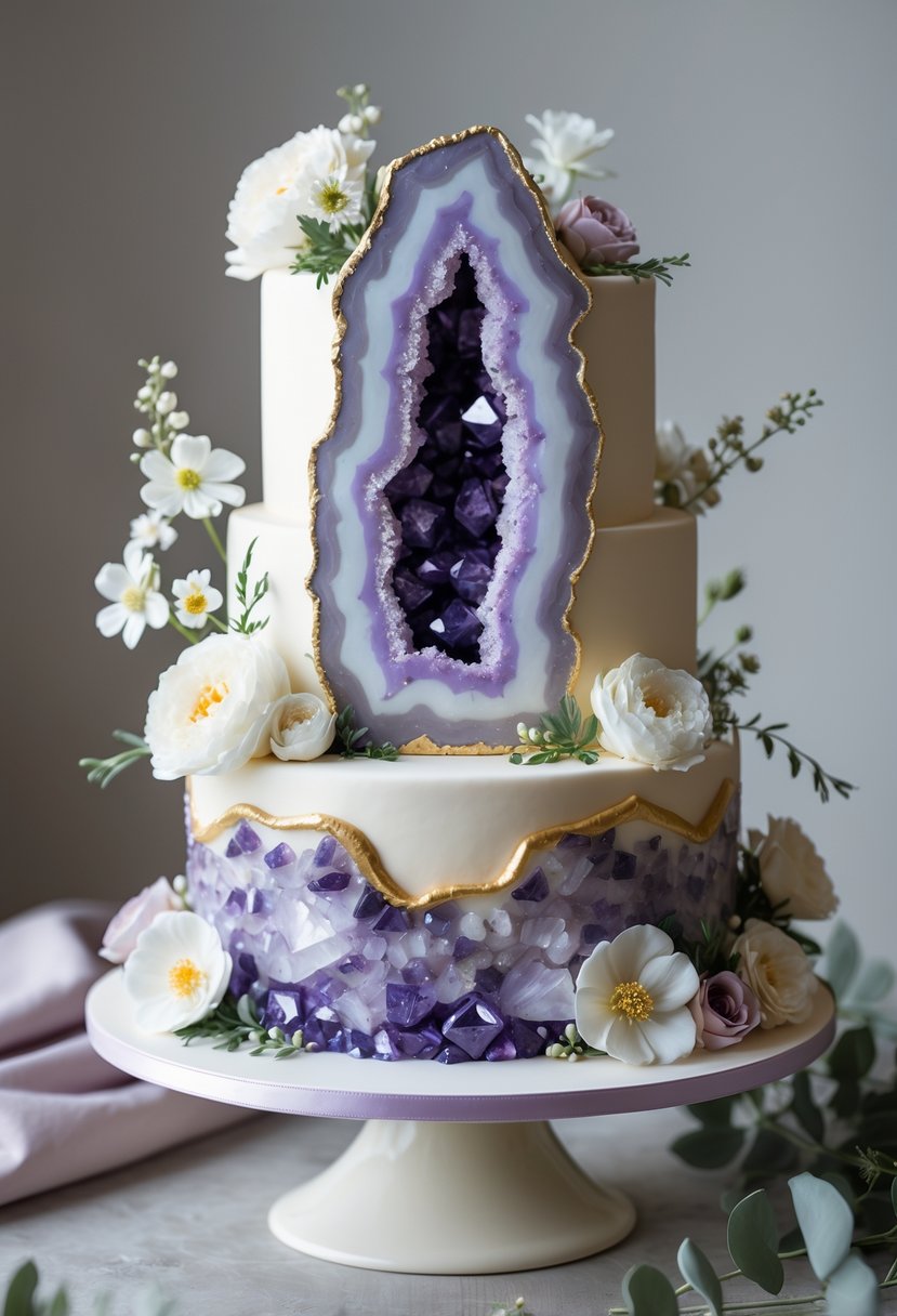 A multi-tiered white cake with purple edible crystal geode decoration and pastel flowers on a table.