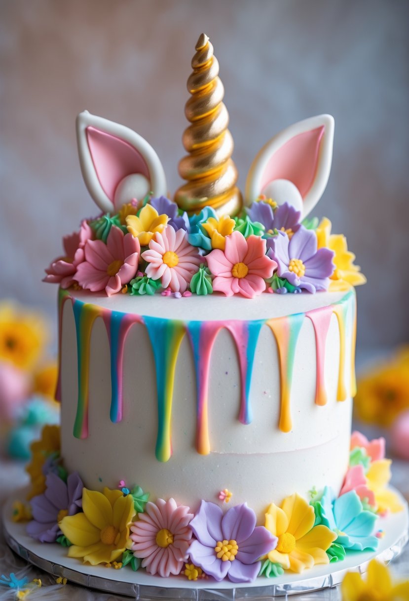 A unicorn cake decorated with rainbow drip icing, fondant ears, and a golden horn on top.